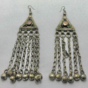Vintage Long Bells Earrings, Silver Kuchi Boho Jewelry, Handmade Kuchi Earrings